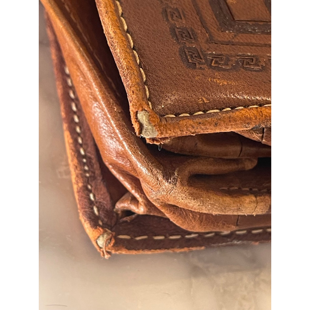 Vintage Hand Tooled Leather Briefcase Aztec Calendar Eagle Design Brown Bag - Picture 14 of 15